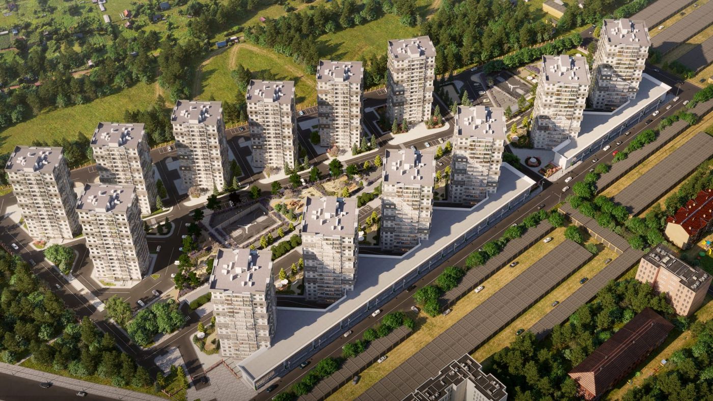 Визуализация: квартал сверху — два ряда высотных домов вдоль широкой дороги, между ними дворы и парковки, вокруг зелёные холмы