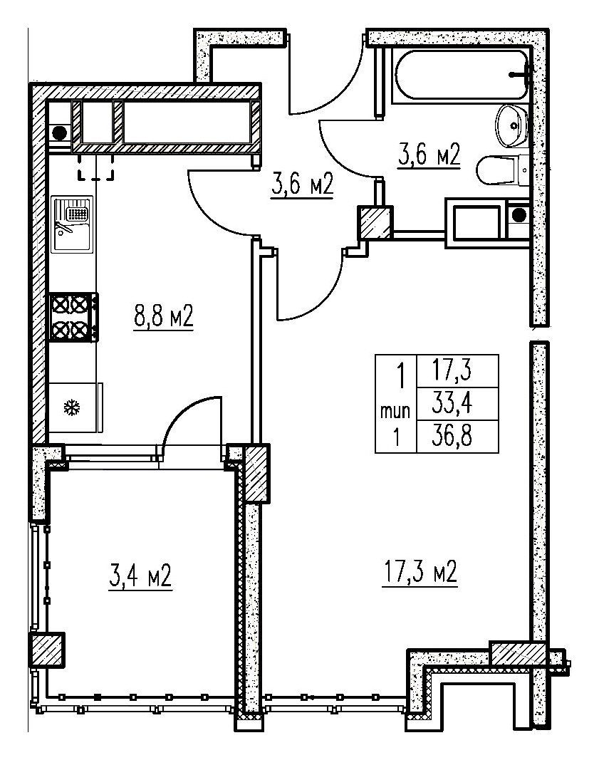 Схема однокомнатной квартиры 36,8 м²: комната 17,3 м², кухня 8,8 м², прихожая, санузел и лоджия 3,4 м²