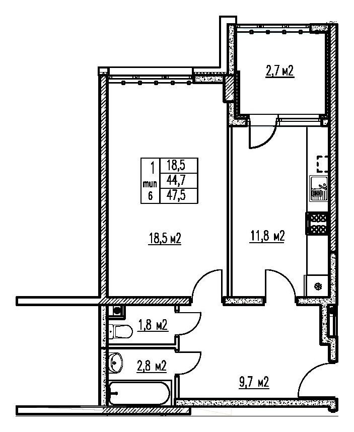 Схема однокомнатной квартиры 47,5 м²: комната 18,5 м², кухня 11,8 м², прихожая 9,7 м², ванная, отдельный туалет и лоджия