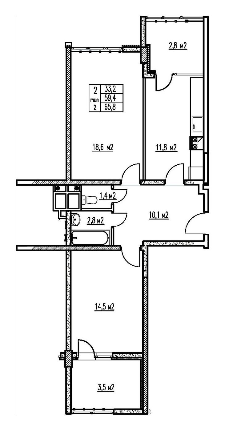 Схема квартиры 65,8 м² с окнами на две стороны: комнаты 18,6 и 14,5 м², кухня 11,8 м², прихожая, ванная, туалет и две лоджии