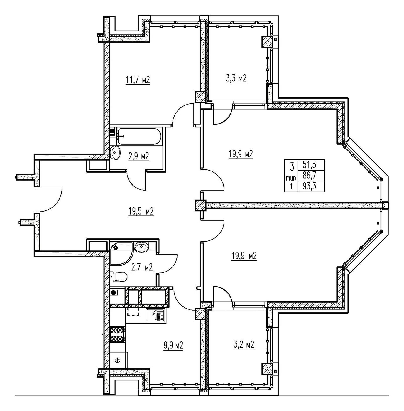 Схема квартиры 93,3 м² с окнами на три стороны: комнаты 19,9, 19,9 и 11,7 м², кухня 9,9 м², холл 19,5 м², два санузла и две лоджии