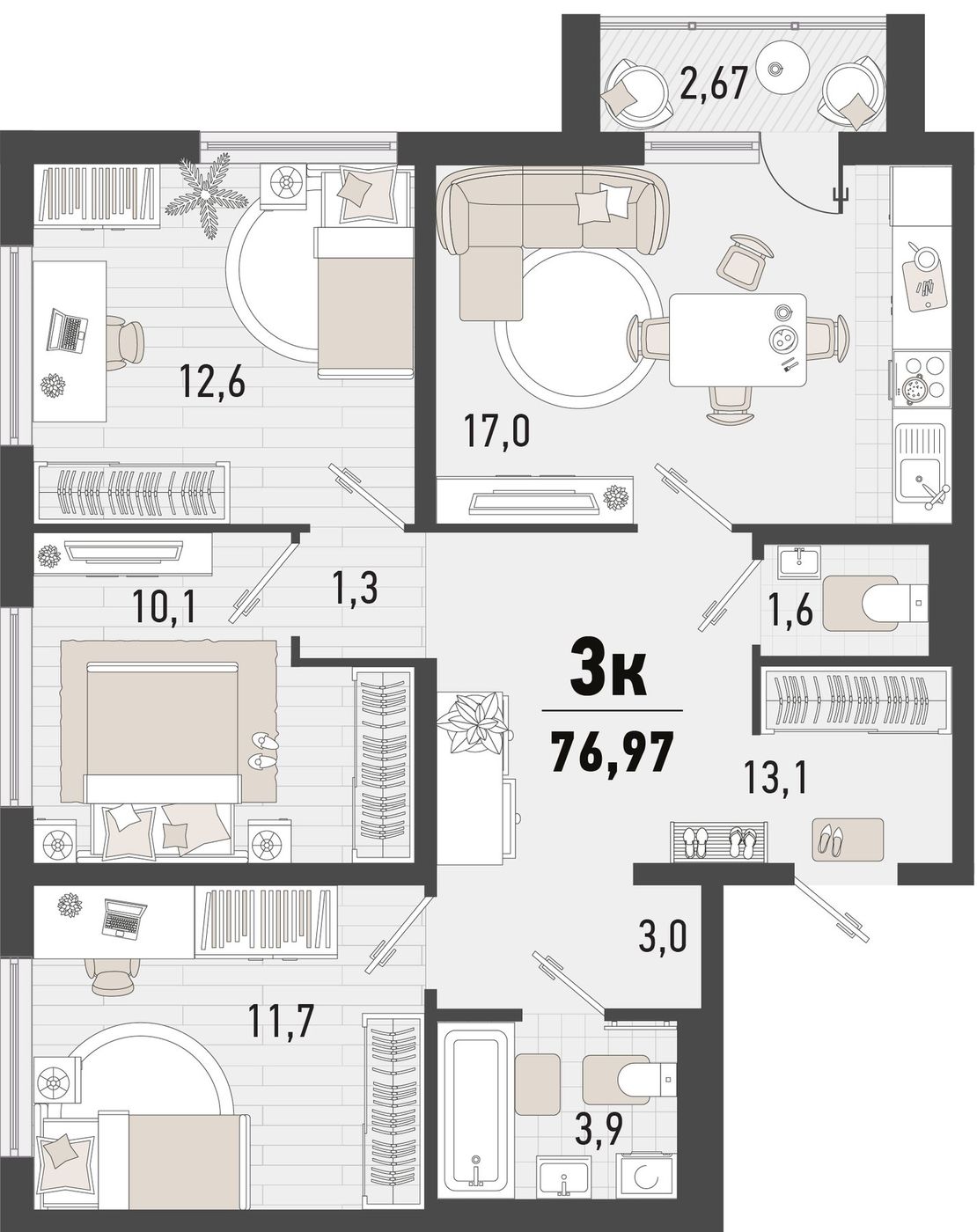 Схема трёхкомнатной квартиры 76,97 квадратного метра: кухня-гостиная, три комнаты, ванная, отдельный санузел и балкон