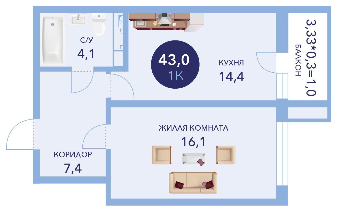 Схема однокомнатной квартиры: кухня 14,4 м², комната 16,1 м², санузел 4,1 м², коридор 7,4 м² и небольшой балкон