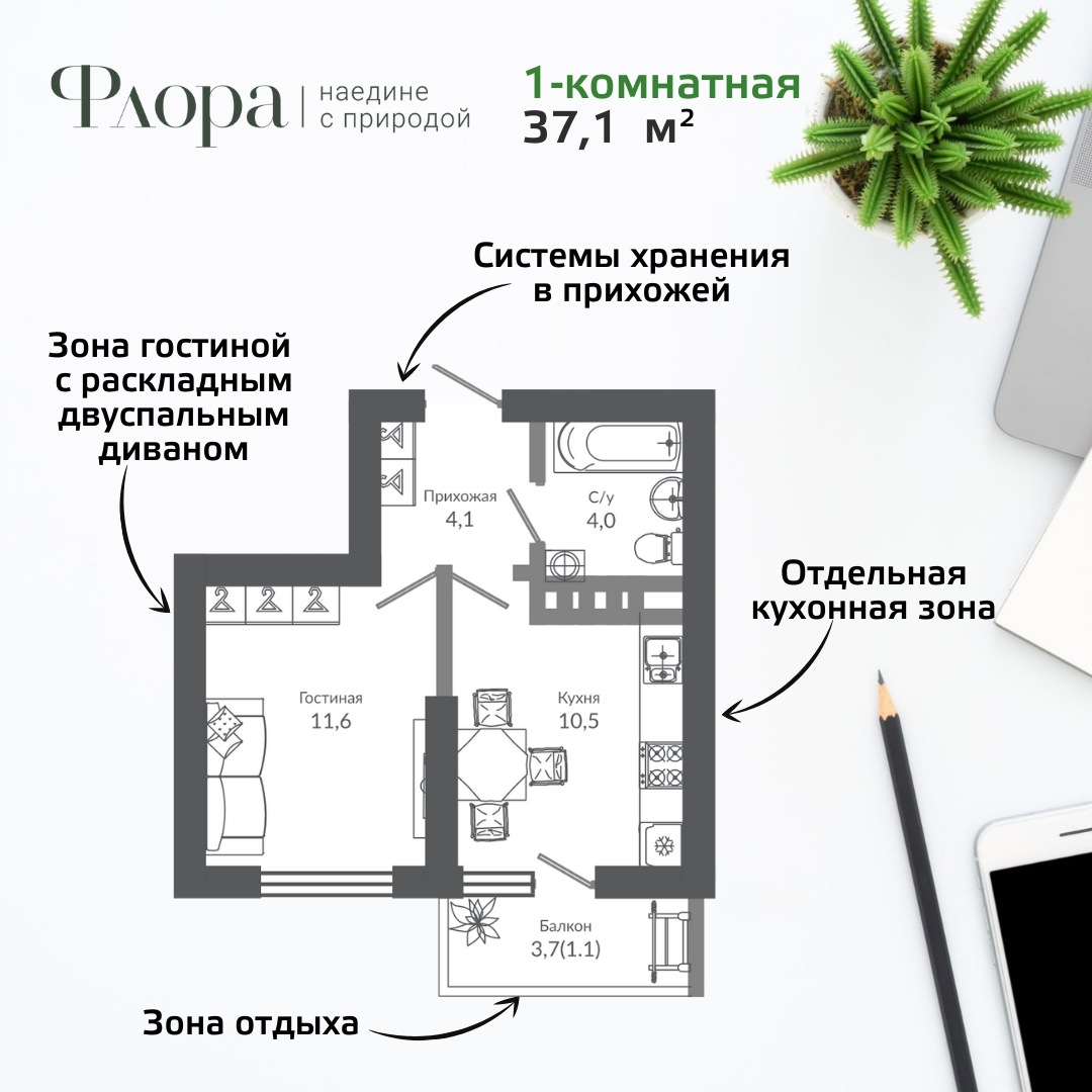 Пример однокомнатной планировки площадью 37,1 квадратного метра в ЖК «Флора»