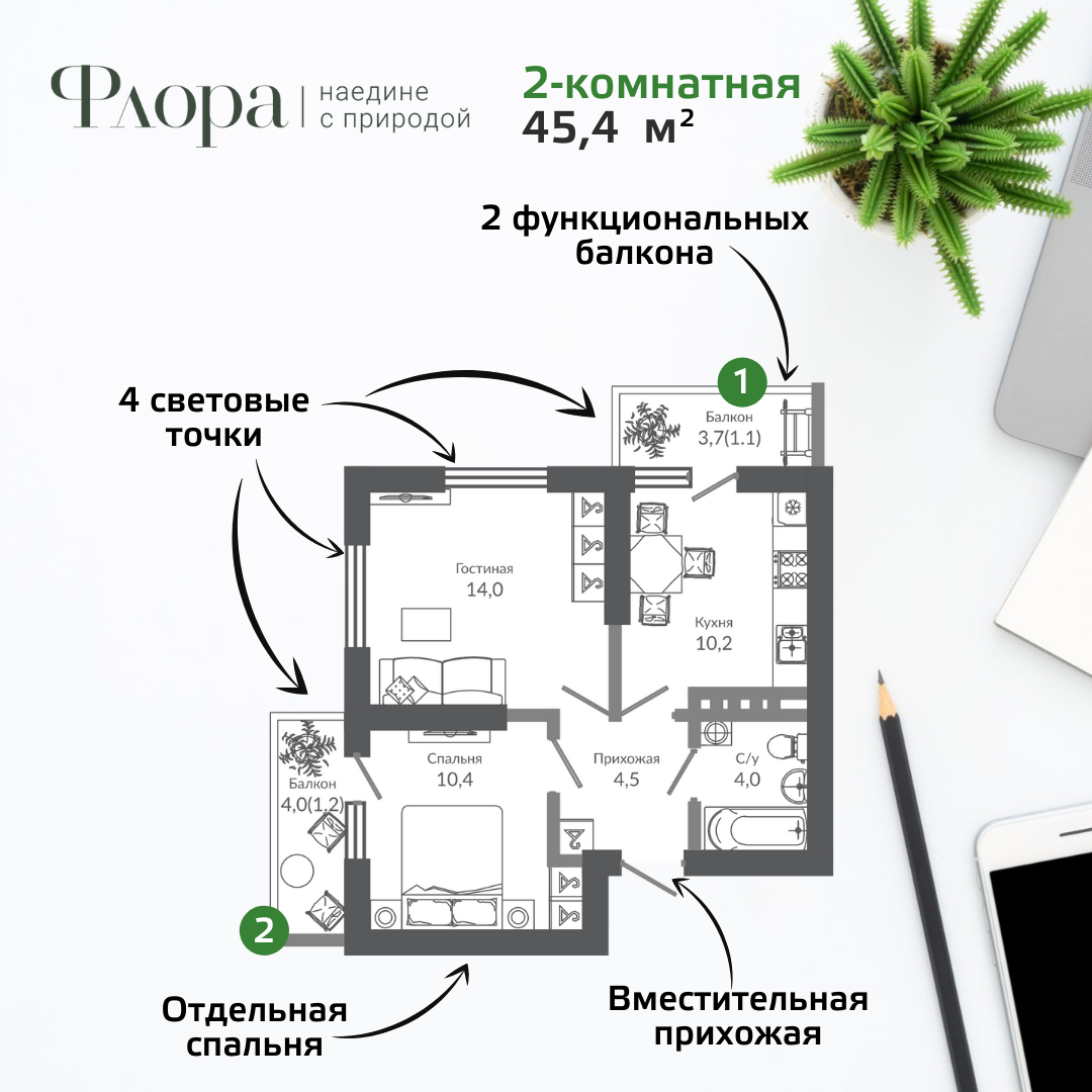 Пример двухкомнатной планировки площадью 45,4 квадратного метра в ЖК «Флора»