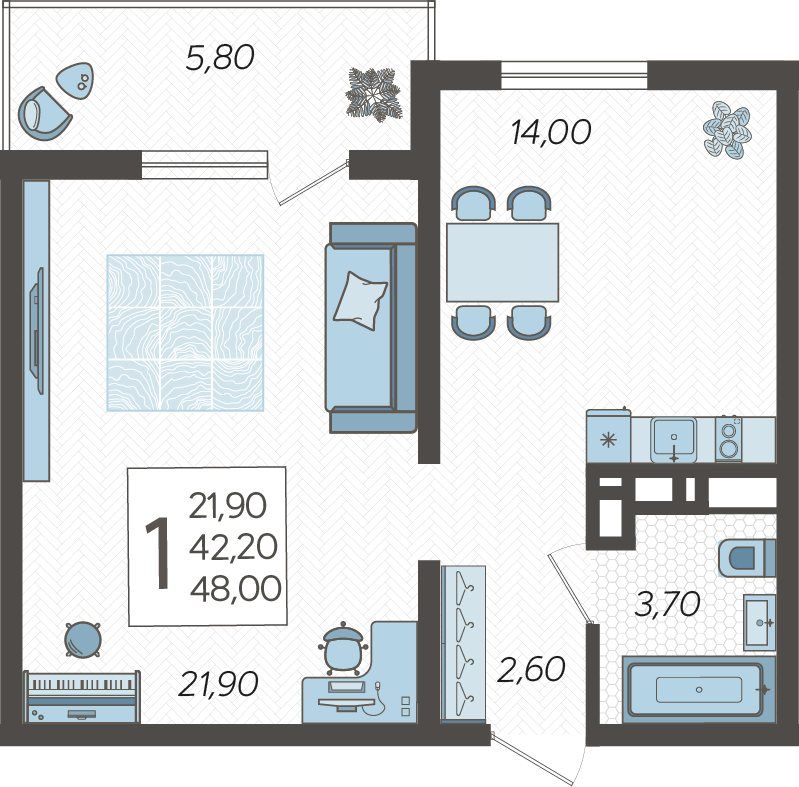 Схема однокомнатной квартиры: комната 21,9 м², кухня 14 м², санузел и балкон