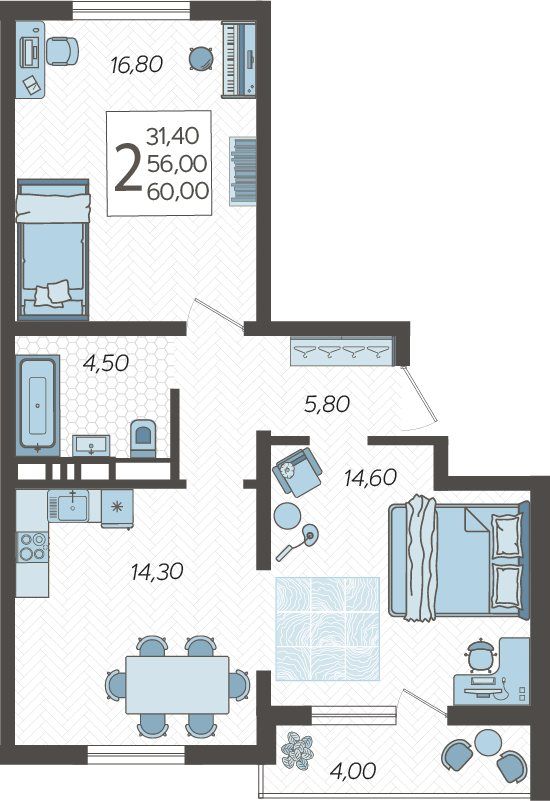 Схема двухкомнатной квартиры: комнаты 16,8 и 14,6 м², кухня 14,3 м², санузел и балкон