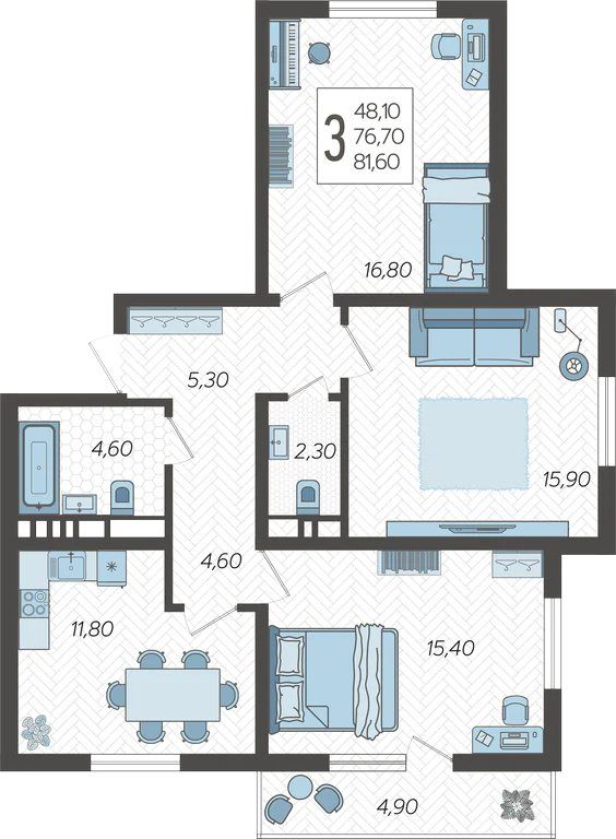 Схема трёхкомнатной квартиры: комнаты 16,8, 15,9 и 15,4 м², кухня 11,8 м², два санузла и балкон