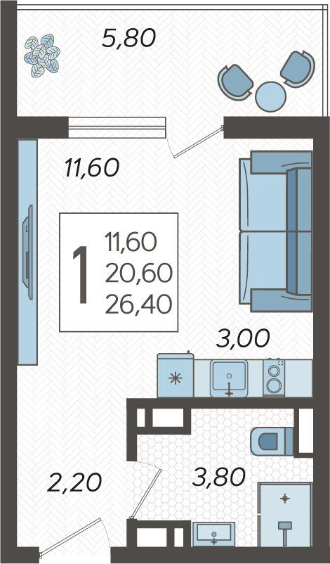 Схема студии: комната 11,6 м² с кухонной зоной, санузел 3,8 м², прихожая и балкон 5,8 м²