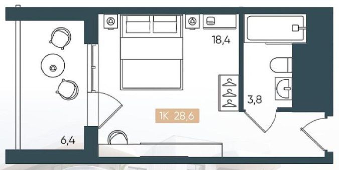 Схема номера: комната 18,4 м², санузел 3,8 м² и терраса 6,4 м²