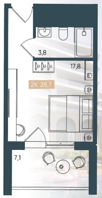 Схема номера: комната 17,8 м², санузел 3,8 м² и терраса 7,1 м²
