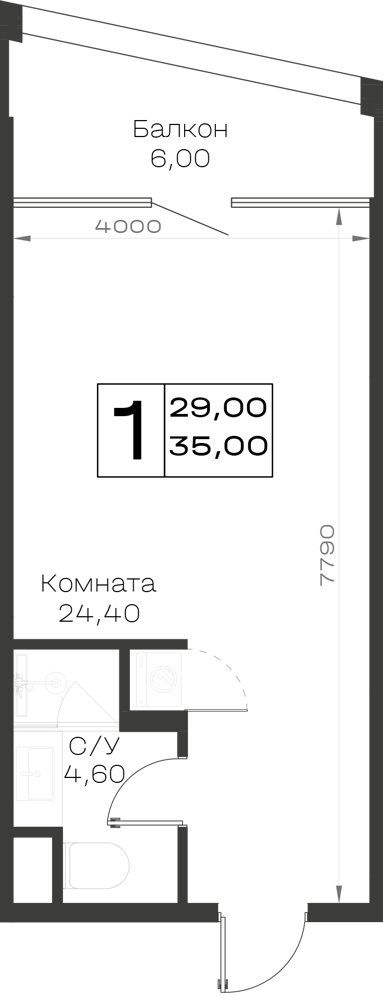 Схема апартаментов: комната 24,4 м², санузел 4,6 м² и балкон 6 м²