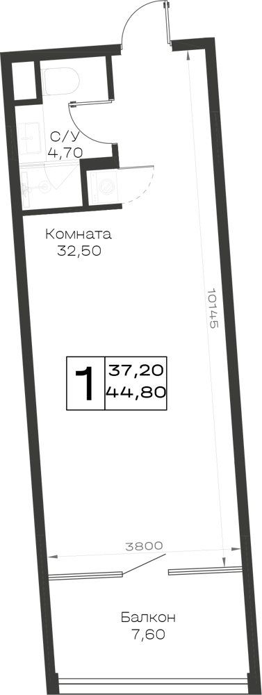 Схема апартаментов: вытянутая комната 32,5 м², санузел 4,7 м² и балкон 7,6 м²