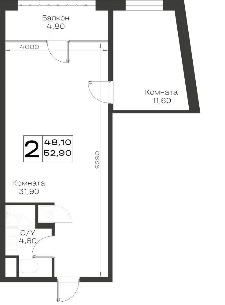 Схема апартаментов: комнаты 31,9 и 11,6 м², санузел 4,6 м² и балкон 4,8 м²
