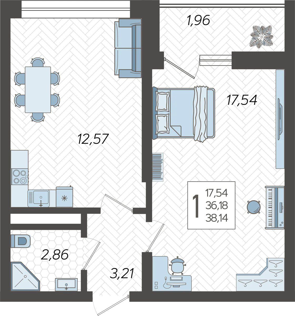 Схема однокомнатной квартиры: кухня-гостиная 12,57 м², спальня 17,54 м², санузел и балкон