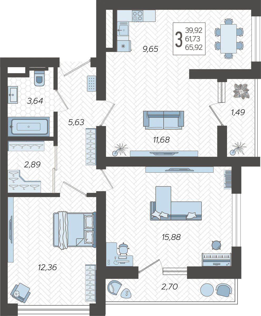 Схема трёхкомнатной квартиры: комнаты 11,68, 12,36 и 15,88 м², кухня 9,65 м², два санузла и балконы