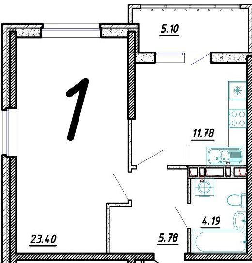 Схема однокомнатной квартиры: комната 23,40 м², кухня 11,78 м², санузел 4,19 м² и балкон 5,10 м²