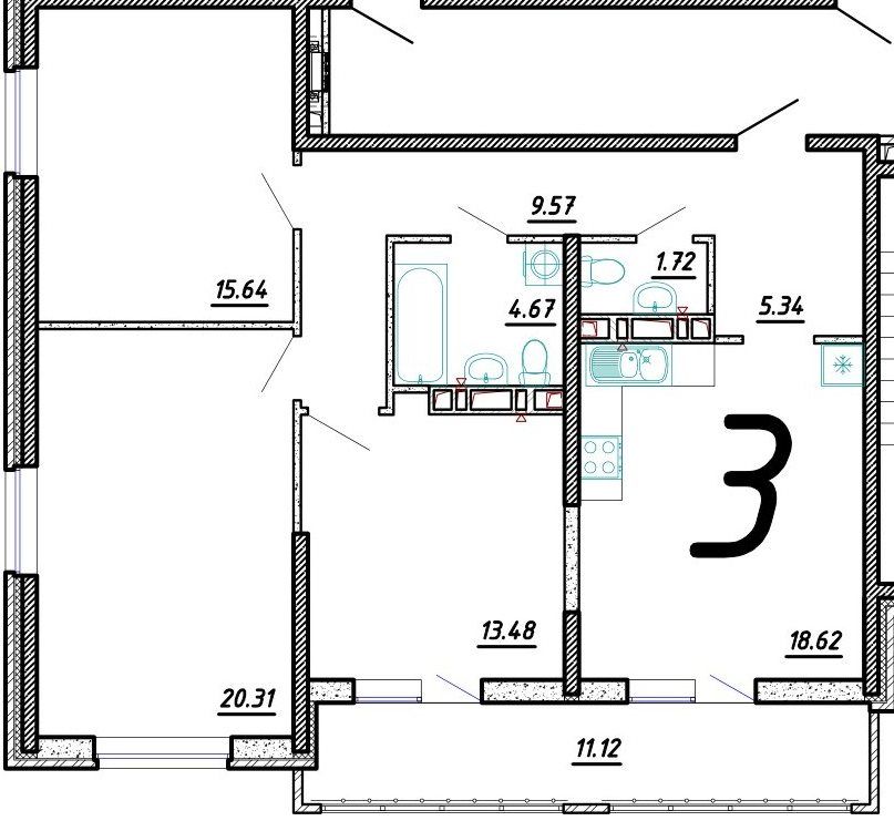 Схема трёхкомнатной квартиры: комнаты 20,31, 15,64 и 13,48 м², кухня 18,62 м², два санузла и балкон 11,12 м²