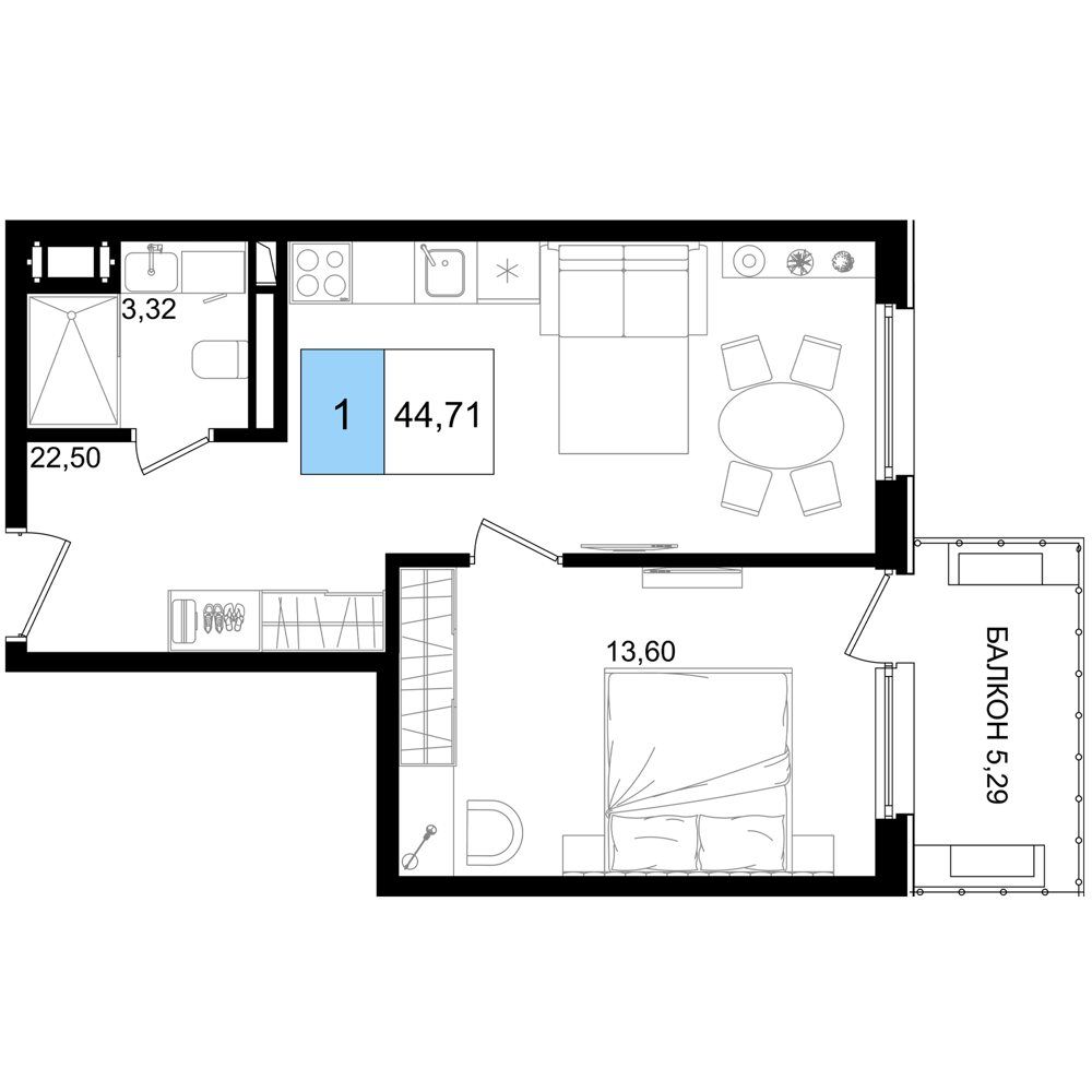 Схема номера: кухня-гостиная 22,5 м², спальня 13,6 м², санузел и балкон 5,29 м²