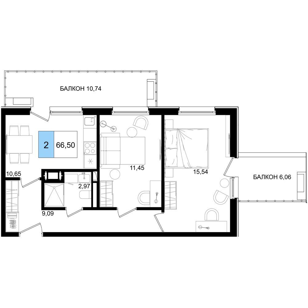 Схема номера: кухня-гостиная, две спальни 11,45 и 15,54 м², два санузла и два балкона