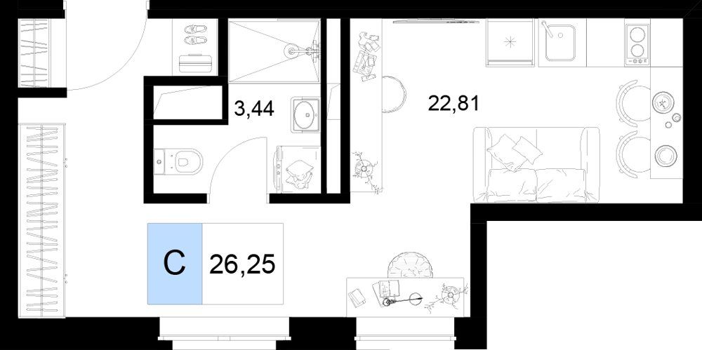 Схема студии: комната 22,81 м² с кухней и спальной зоной, санузел 3,44 м²