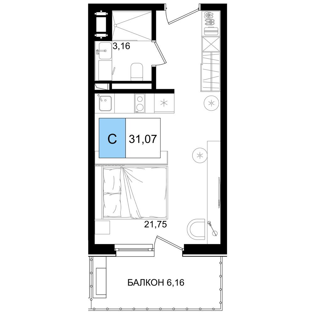 Схема студии: комната 21,75 м² с кухонной и спальной зоной, санузел, прихожая и балкон 6,16 м²
