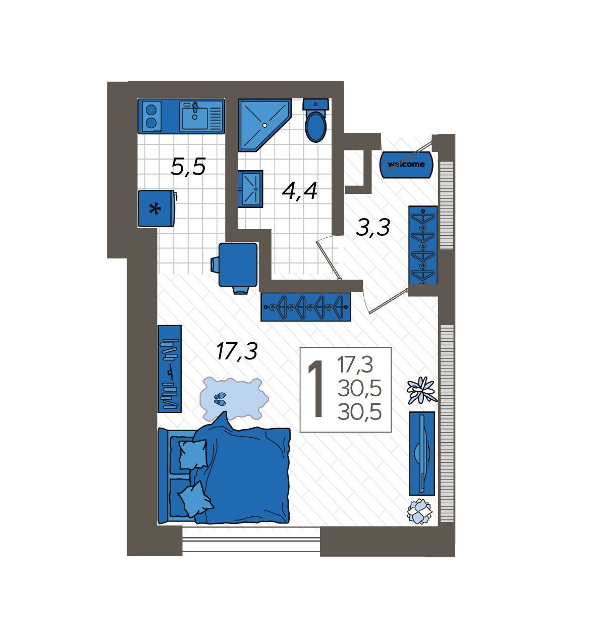 Схема студии: жилая зона 17,3 м², кухня 5,5 м², санузел 4,4 м² и прихожая 3,3 м²