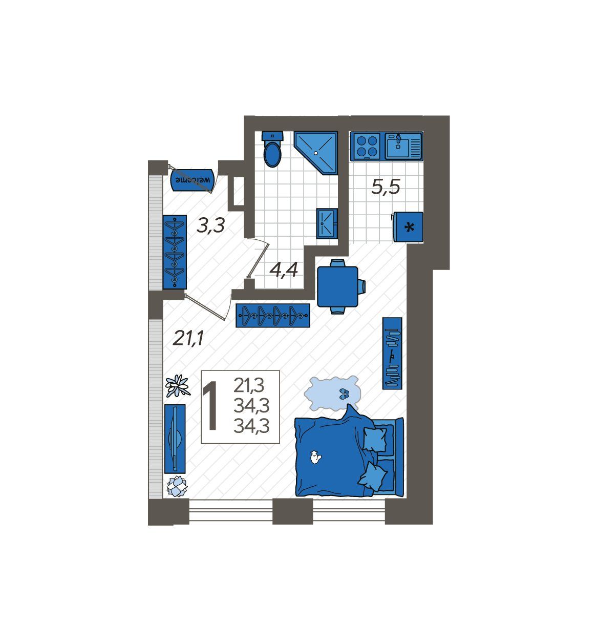 Схема студии: жилая зона 21,1 м², кухня 5,5 м², санузел 4,4 м² и прихожая 3,3 м²