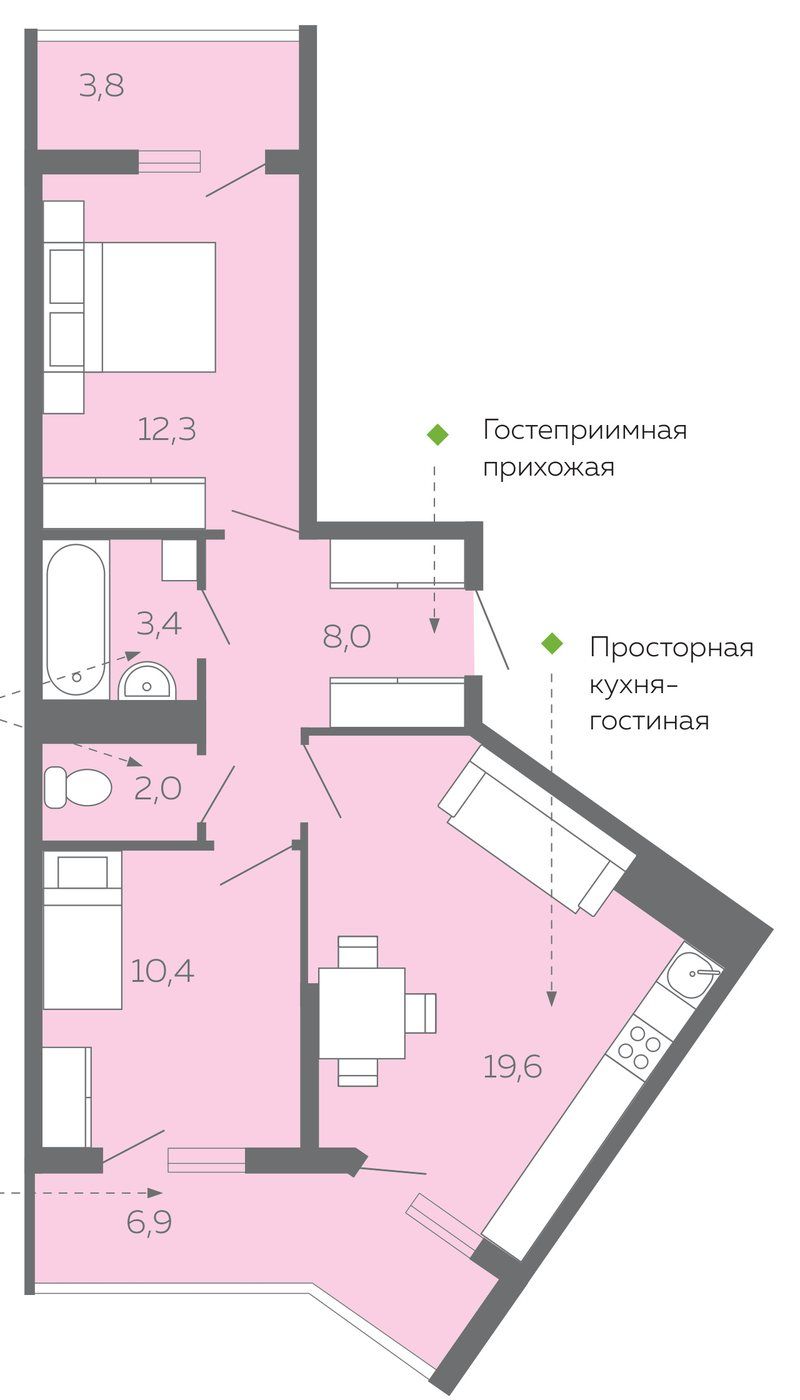 Схема евро-трёхкомнатной квартиры: кухня-гостиная 19,6, комнаты 12,3 и 10,4, прихожая 8,0, раздельный санузел и угловой балкон