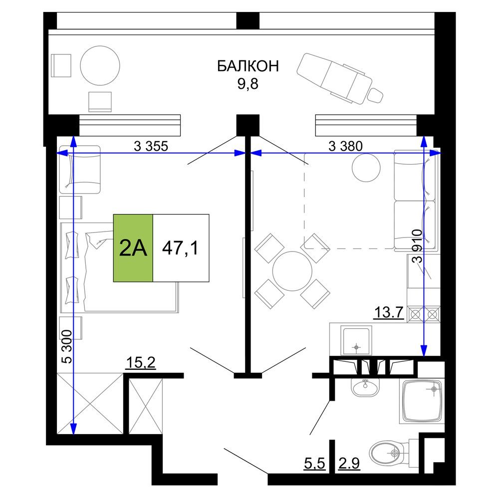Схема номера: две комнаты 15,2 и 13,7 м², санузел, прихожая и общий балкон 9,8 м²