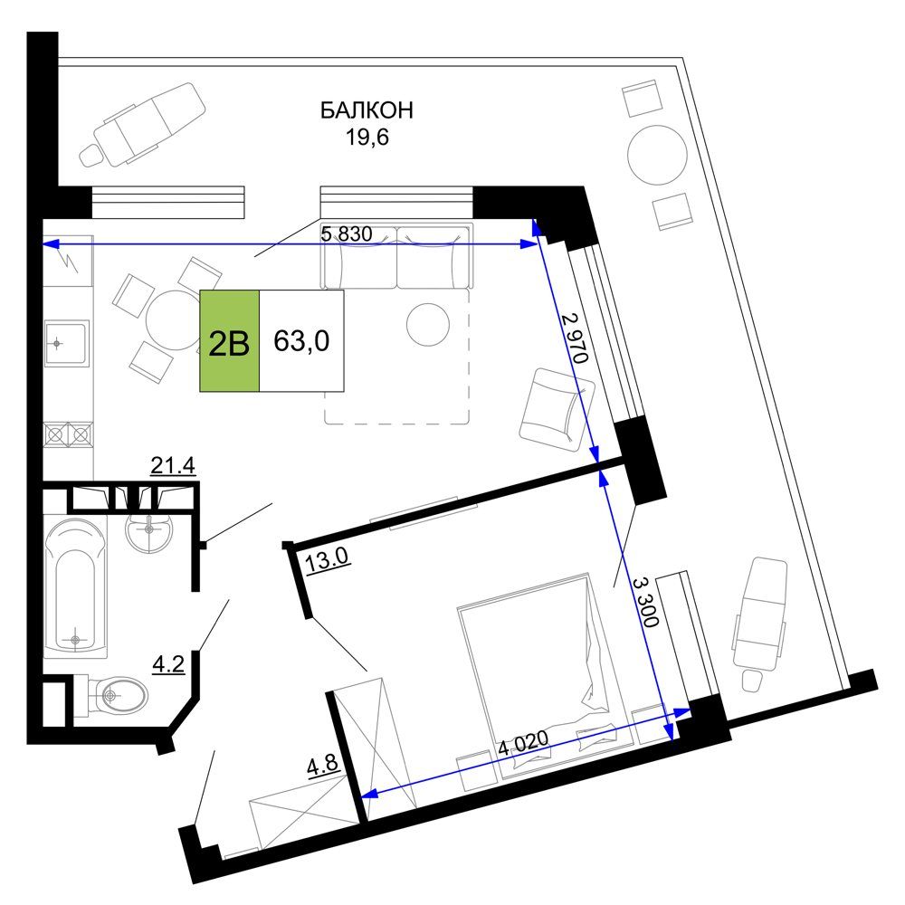 Схема номера: гостиная с кухней 21,4 м², спальня 13 м², санузел и угловой балкон 19,6 м²