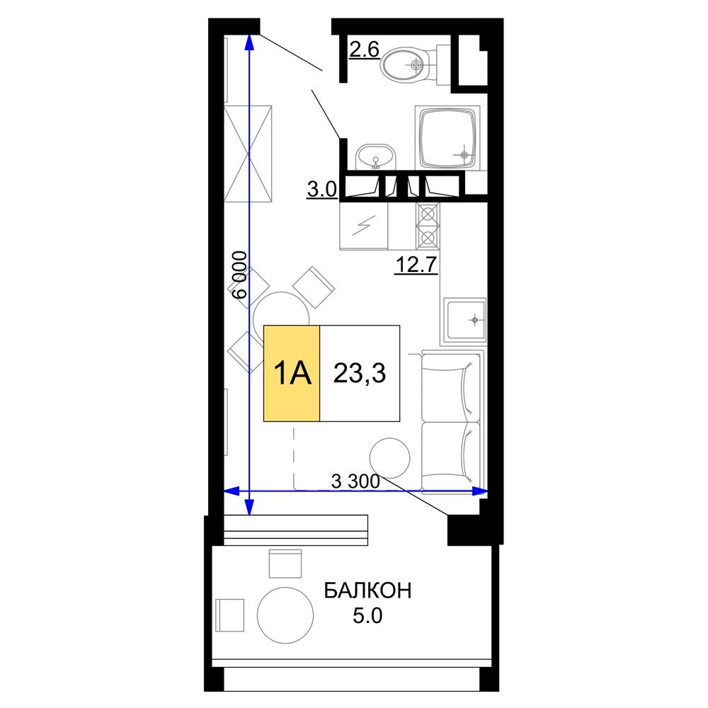 Схема номера: комната 12,7 м² с кроватью и мягкой зоной, санузел, прихожая и балкон 5 м²