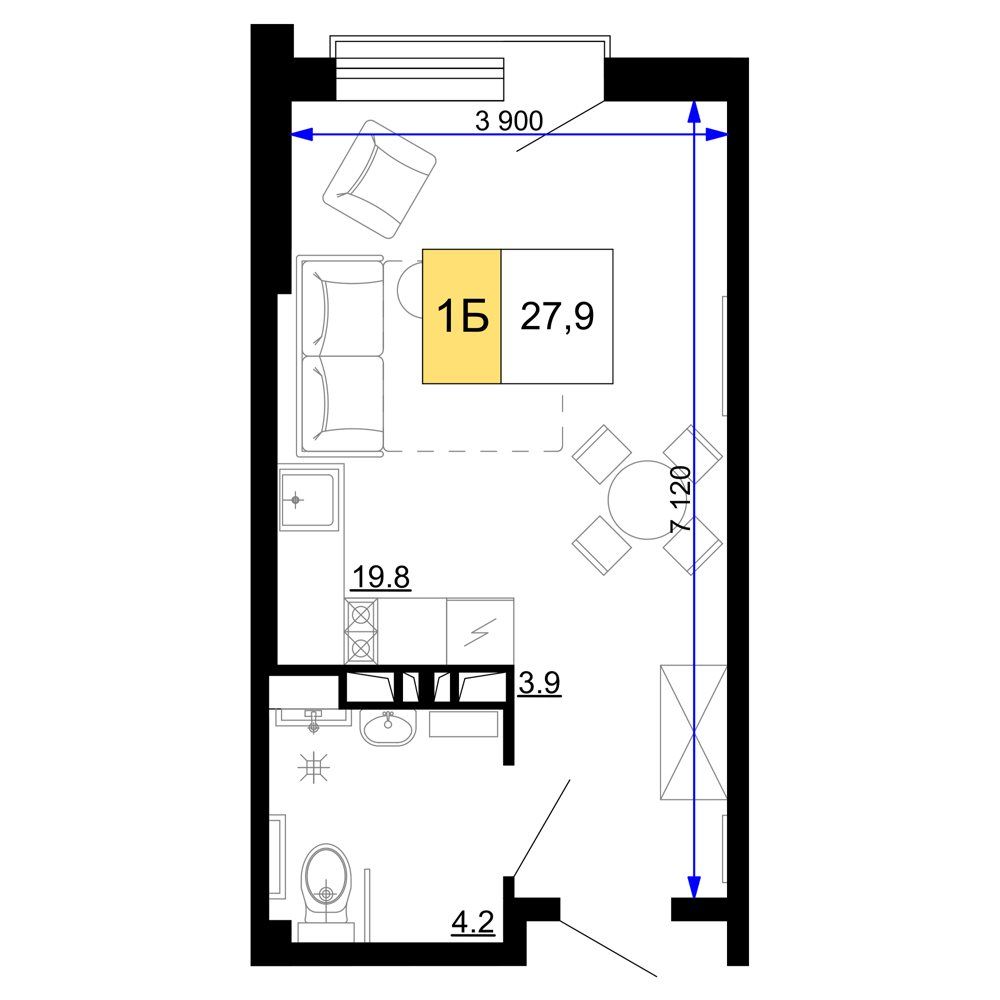 Схема номера: комната 19,8 м² с кроватью, диваном и кухонным уголком, санузел и прихожая