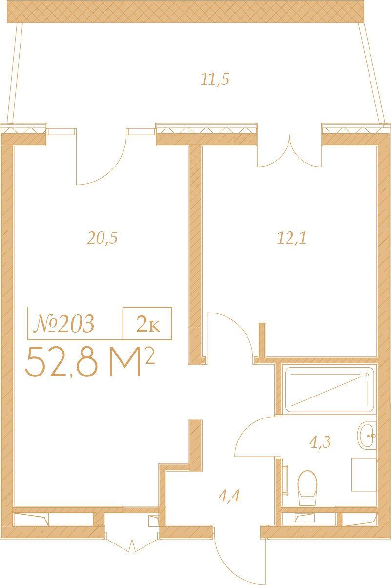 Схема двухкомнатного номера: кухня-гостиная 20,5 м², спальня 12,1 м², санузел и общий балкон 11,5 м²