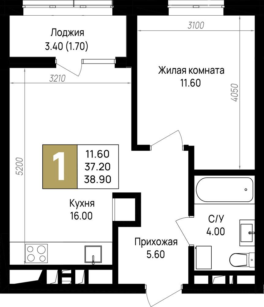 Схема квартиры: кухня 16 м², спальня 11,6 м², прихожая, санузел с ванной и лоджия