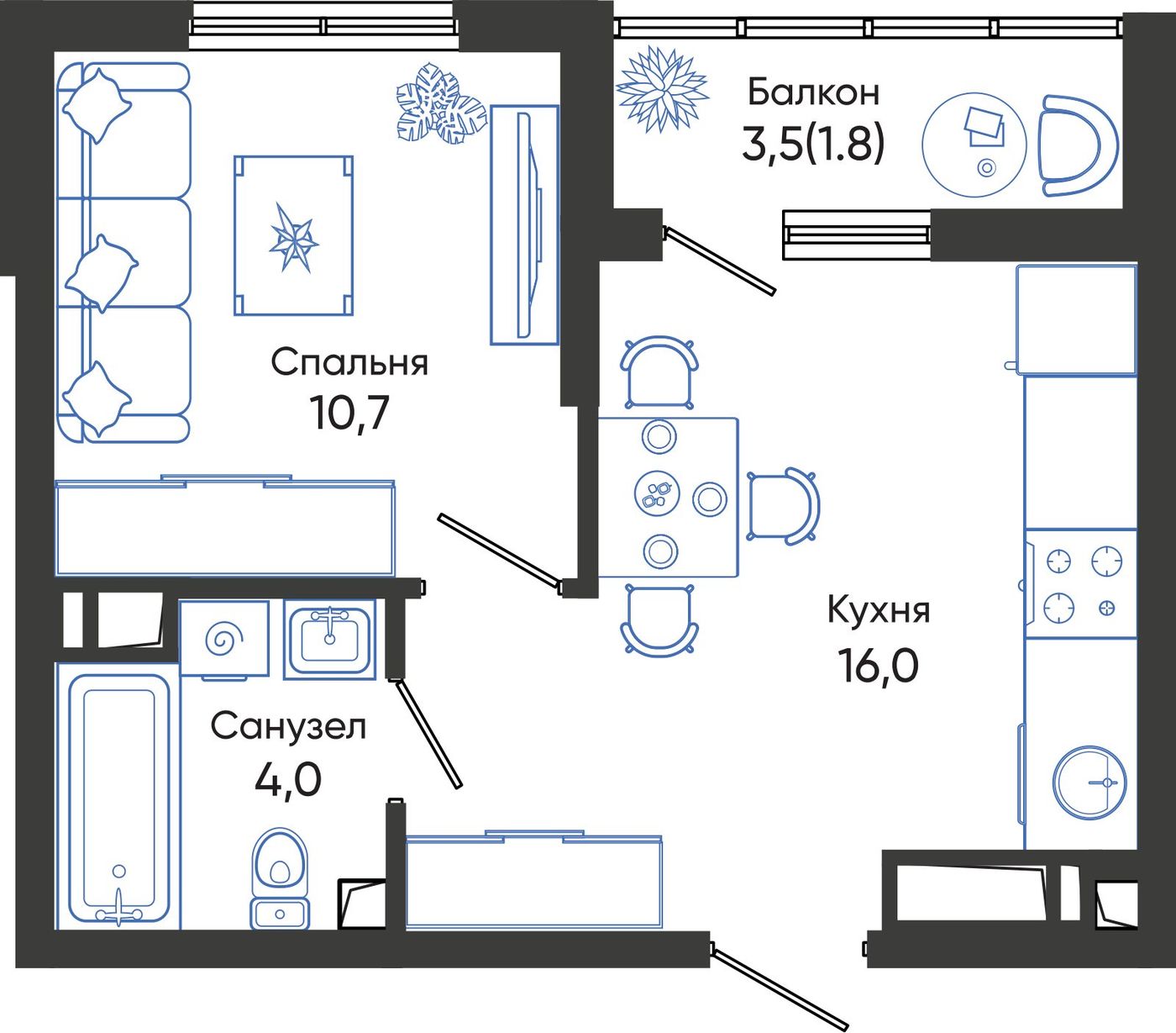 Схема квартиры: кухня-гостиная 16 м², спальня 10,7 м², санузел 4 м² и балкон