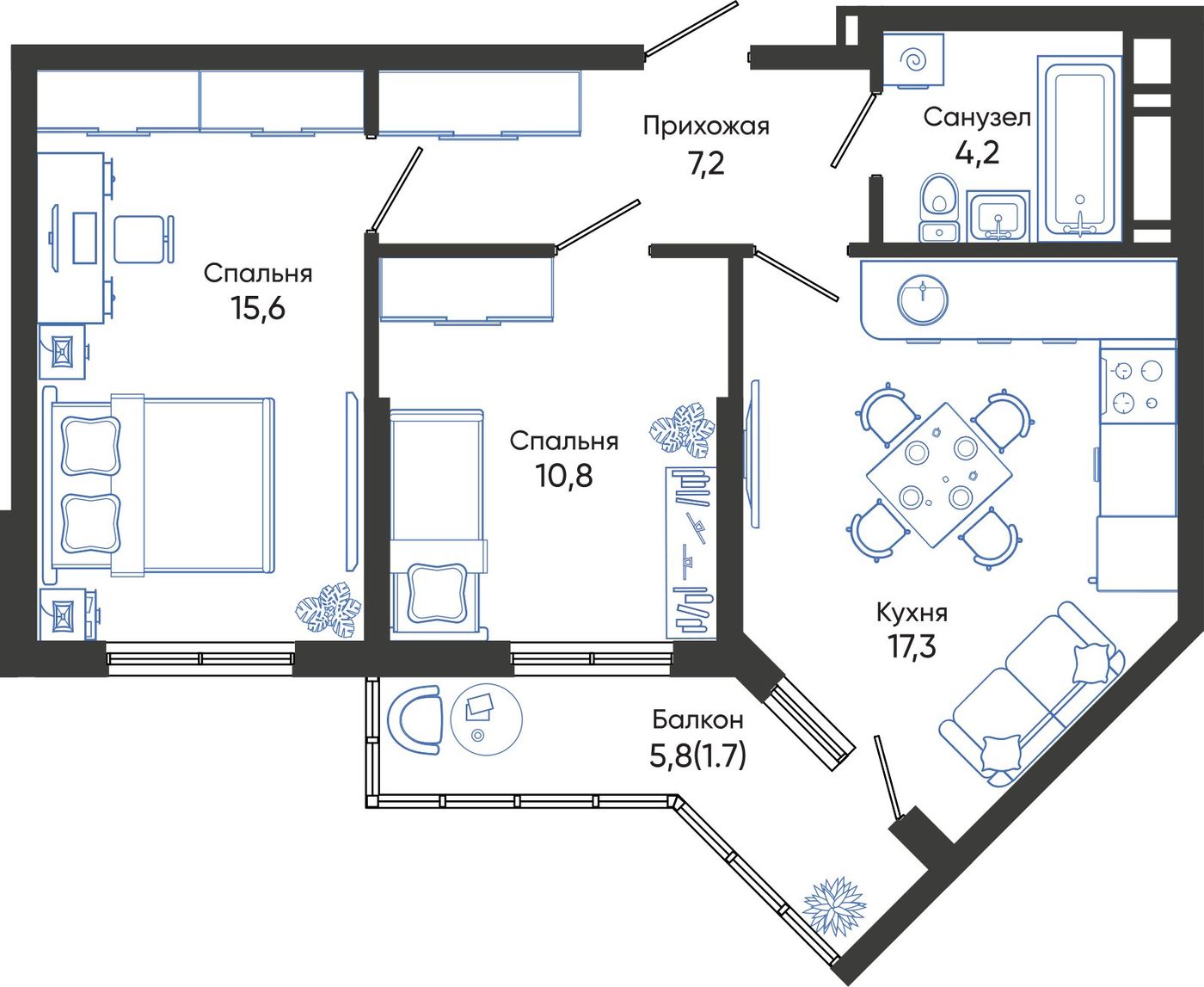 Схема квартиры: кухня-гостиная 17,3 м², спальни 15,6 и 10,8 м², прихожая 7,2 м², санузел и балкон