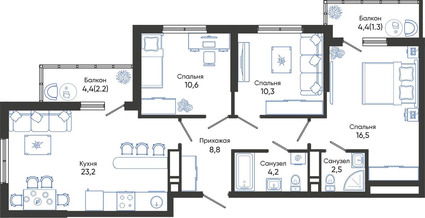 Схема квартиры: кухня-гостиная 23,2 м², три спальни, прихожая 8,8 м², два санузла и два балкона