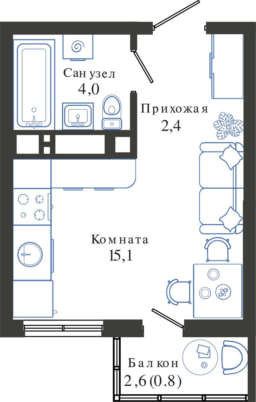 Схема студии: комната 15,1 м² с кухонной зоной, прихожая 2,4 м², санузел 4 м² и балкон