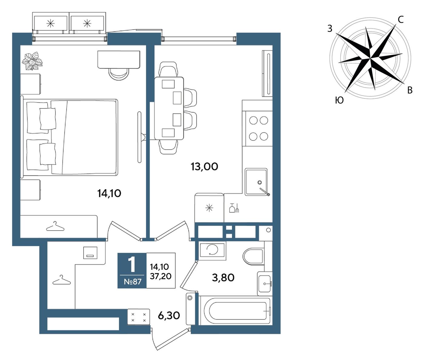 Схема однокомнатной квартиры 37,2 м²: спальня 14,1 м², кухня 13 м², прихожая и санузел с подписанными площадями