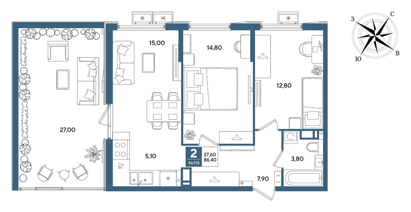 Схема двухкомнатной квартиры 86,4 м²: кухня-гостиная, две спальни, прихожая, санузел и открытая терраса 27 м²