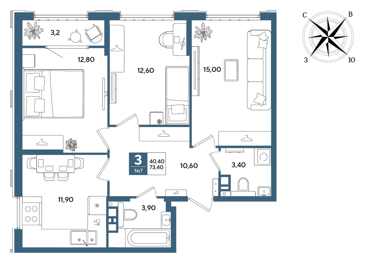 Схема трёхкомнатной квартиры 73,4 м²: три комнаты, кухня 11,9 м², два санузла, прихожая и лоджия с подписанными площадями