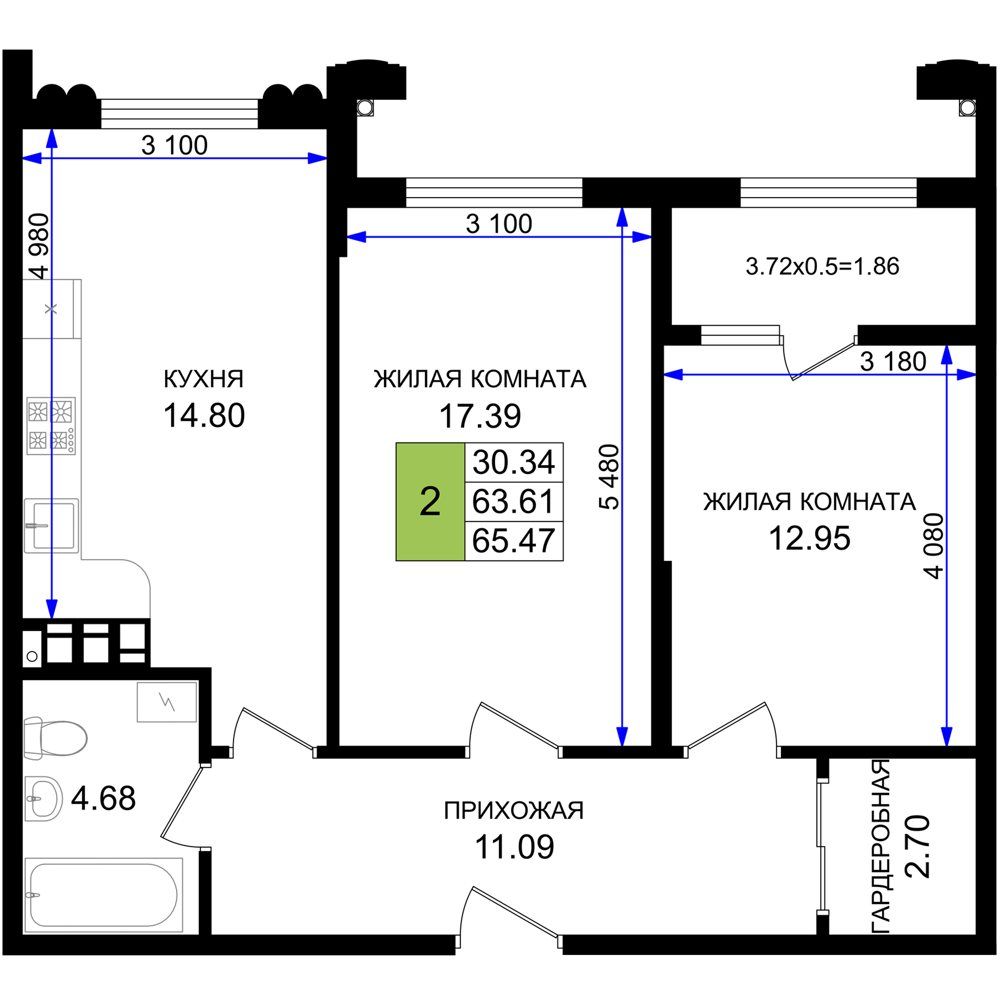 Схема квартиры: кухня 14,8 м², жилые комнаты 17,39 и 12,95 м², прихожая 11,09 м², гардеробная и санузел