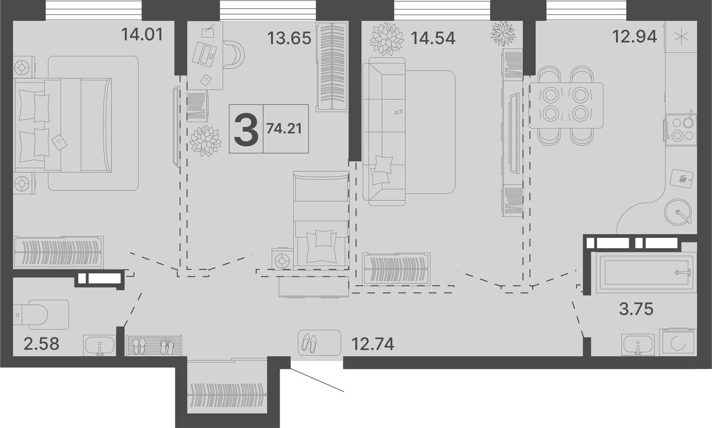 Схема трёхкомнатной квартиры 74,21 квадратного метра: комнаты 14,01, 13,65 и 14,54, кухня 12,94, прихожая 12,74 и два санузла, все окна на одну сторону