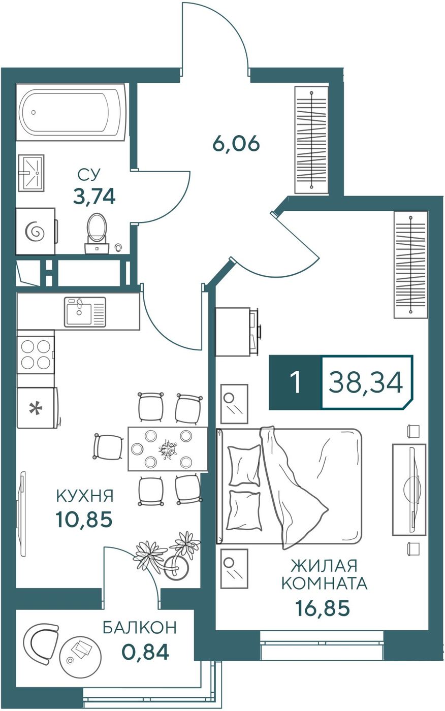 Схема однокомнатной квартиры 38,34 квадратного метра: кухня 10,85 м², комната 16,85 м², прихожая, санузел и балкон