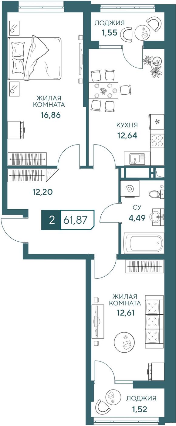 Схема двухкомнатной квартиры 61,87 квадратного метра: кухня 12,64 м², две комнаты, прихожая, санузел и две лоджии