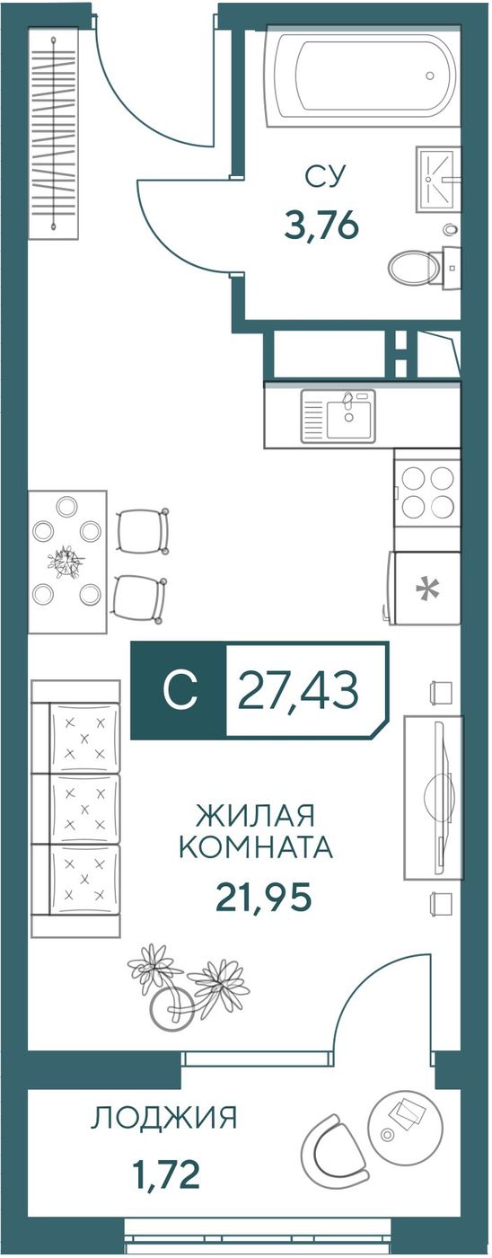 Схема студии 27,43 квадратного метра: жилая комната 21,95 м² с кухонной зоной, санузел и лоджия