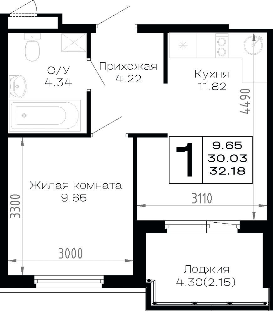 Схема квартиры: кухня 11,82 м², комната 9,65 м², санузел, прихожая и лоджия