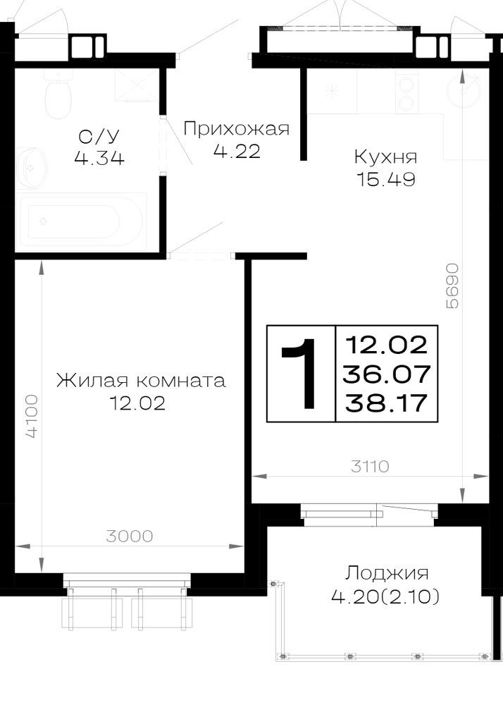 Схема квартиры: кухня 15,49 м², комната 12,02 м², санузел, прихожая и лоджия