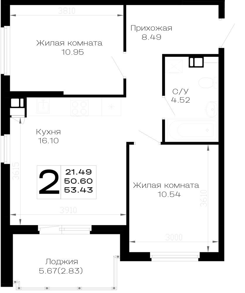 Схема квартиры: кухня 16,1 м², комнаты 10,95 и 10,54 м², санузел, прихожая и лоджия